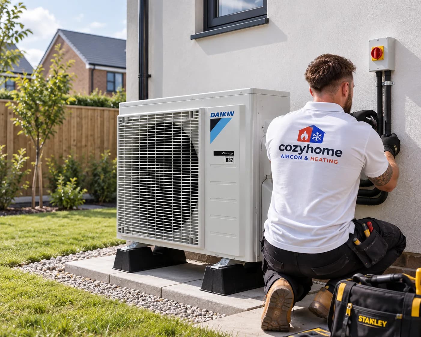Cozy Home engineer connecting a Daikin air source heat pump outdoor unit on anti-vibration feet beside a new-build house
