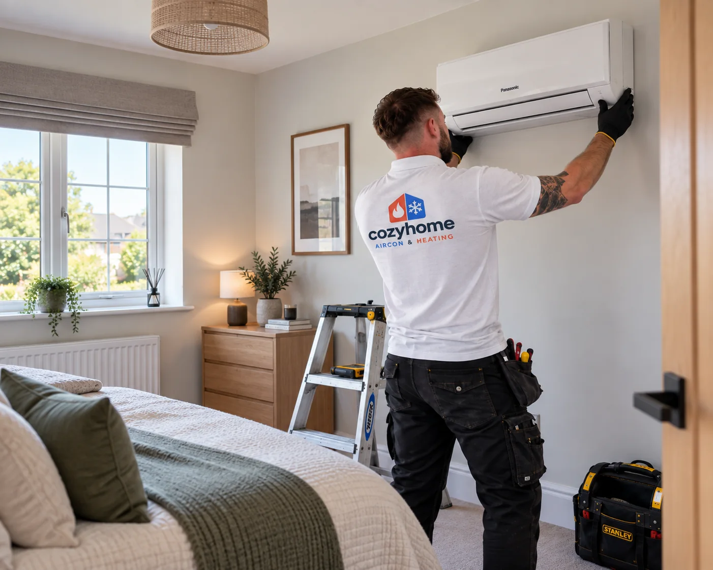 Cozy Home engineer fitting a Panasonic wall-mounted air conditioning unit high on a bedroom wall